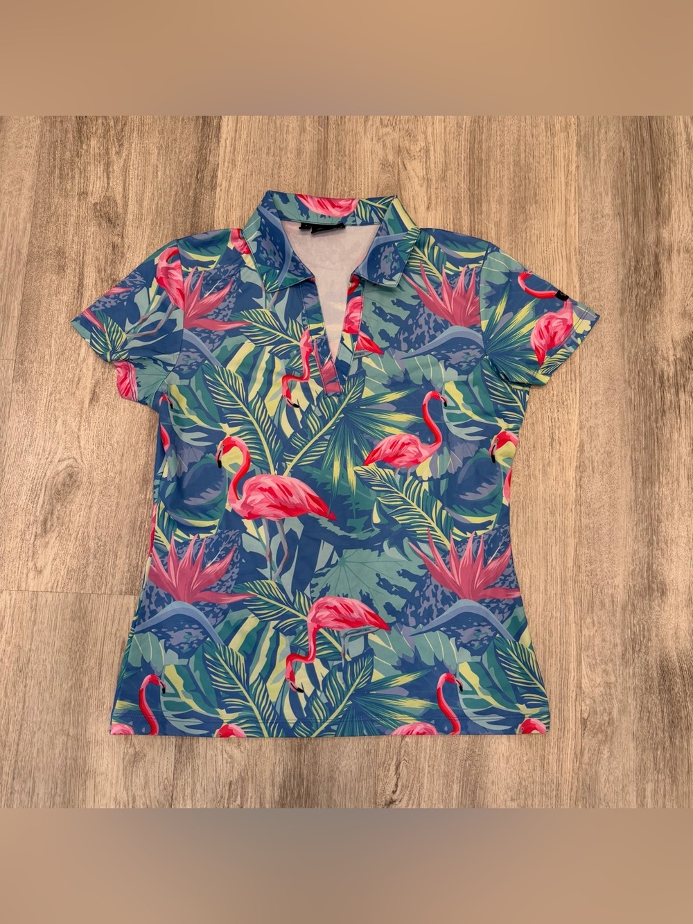 Sporty Buff Flamingo Tropical Performance Polo Top Small NWOT